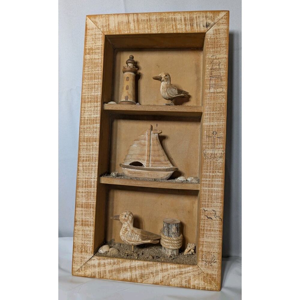 Nautical Wood Framed Shadow Box 3 Tier Boat Lighthouse Seagull 17"